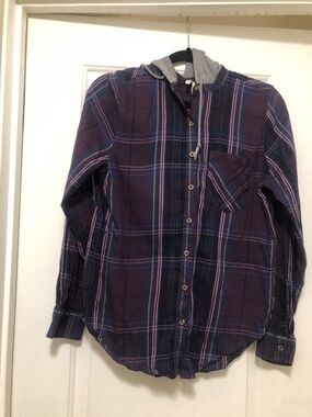 Mudd Multi-Color Purple Plaid Button-Down Grey Hooded Shirt M